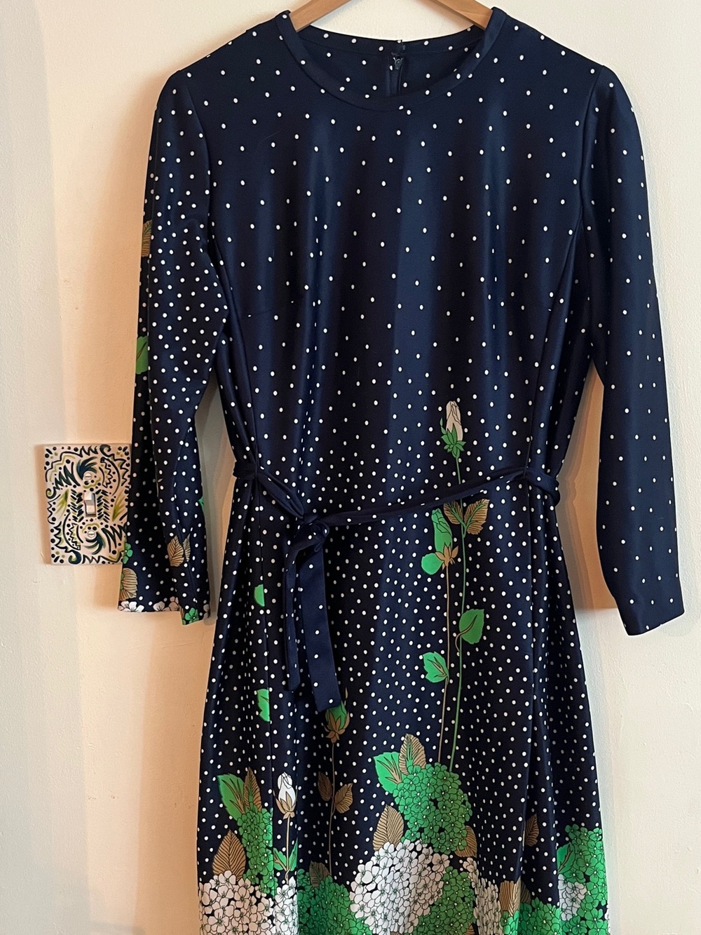 1960s Vintage Leslie Pomer Navy Polka Dot Floral Waist-Tie Dress